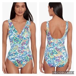 LAUREN Ralph Lauren Watercolor Ruffle Surplice Underwire One-Piece Sz 10
